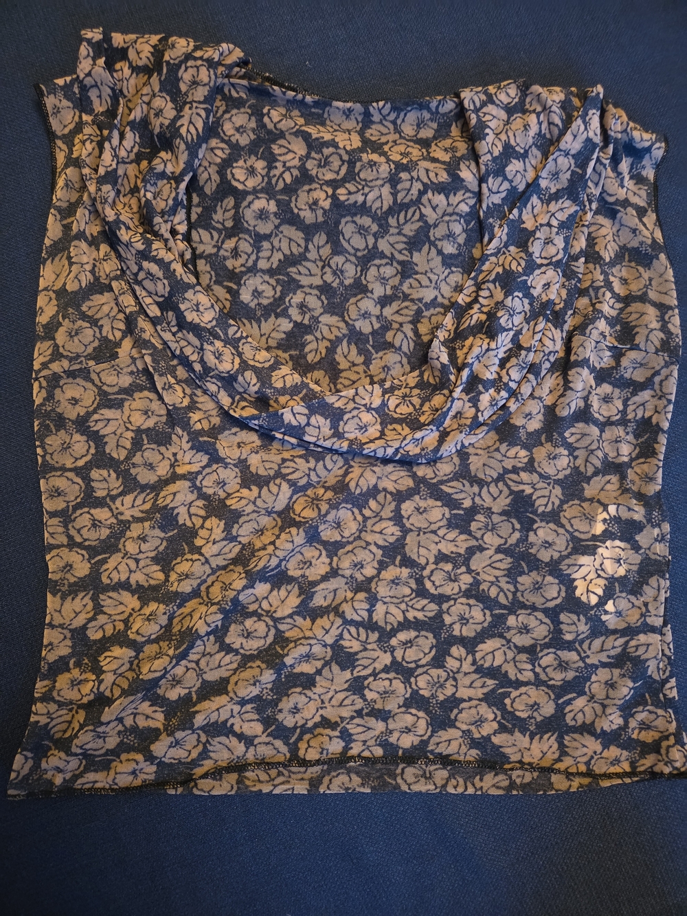 Jean Colonna France Sheer Mesh Floral Cowl Neck Crop Top Size S Blue Beige Y2K